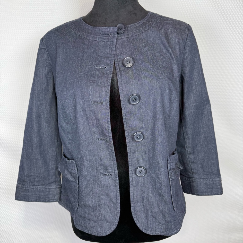 Ann Taylor LOFT Cropped Denim Jacket  Size Small 3/4 Sleeves Ruffled Pockets